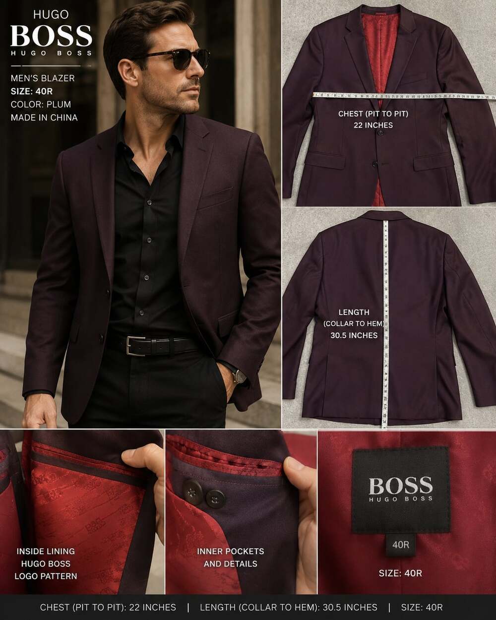 Hugo Boss Men’s 40R Burgundy Blazer Sport Coat Red Lining